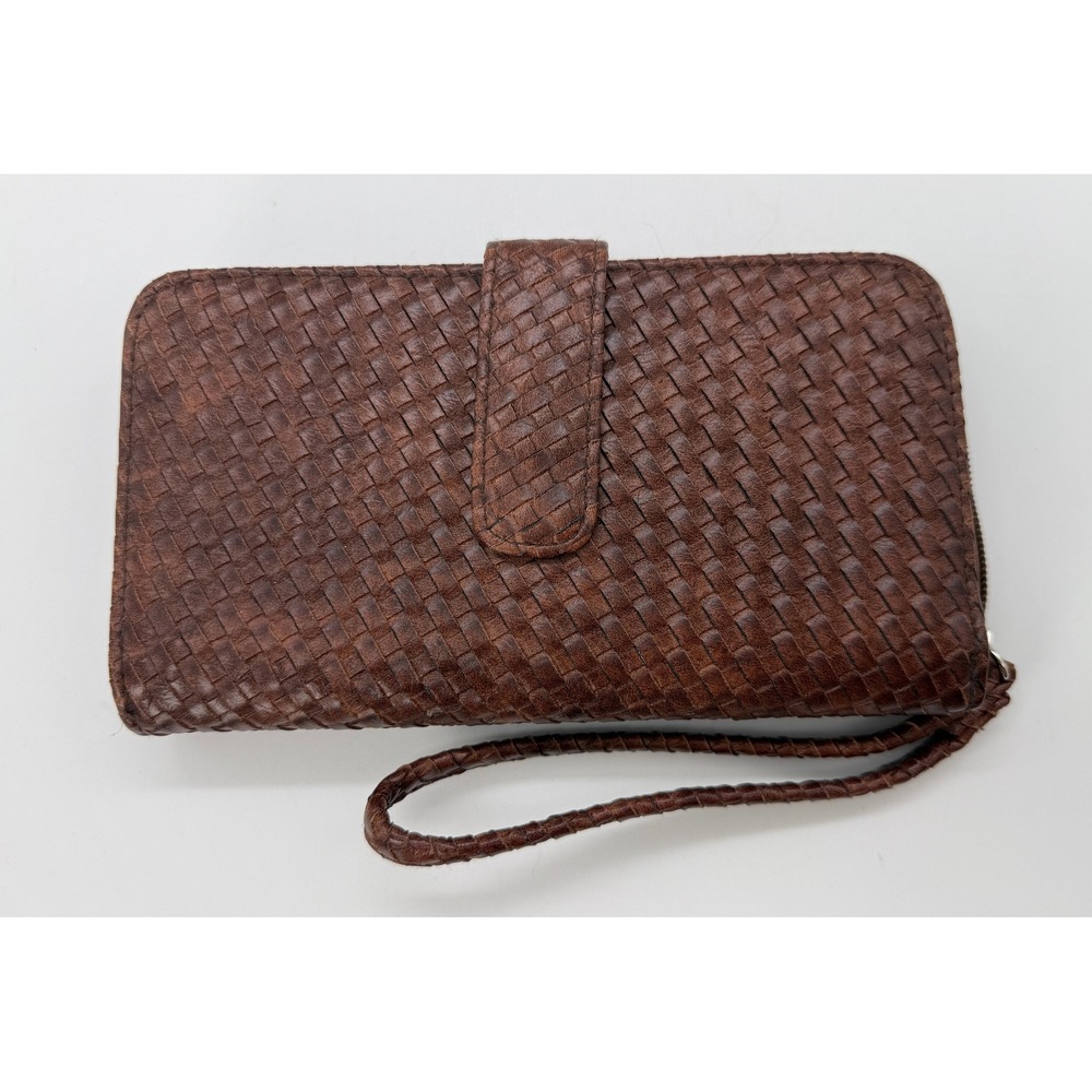 Woven Brown Faux Leather Wristlet Wallet Organizer with ID Windows 42605